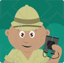 Clipart Illustration of a Hispanic Explorer Holding Binoculars On A Safari