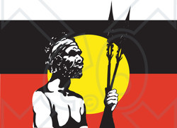 Clipart Illustration of a Tribal Man Standing In Front Of An Australian Aboriginal Flag