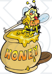 Clipart Illustration of a Honey Bee Character Sitting On The Rim Of A Honey Jar