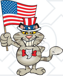 Clipart Illustration of a Patriotic Uncle Sam Cat Waving An American Flag On Independence Day