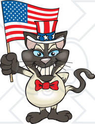Clipart Illustration of a Patriotic Uncle Sam Siamese Cat Waving An American Flag On Independence Day