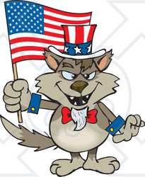 Clipart Illustration of a Patriotic Uncle Sam Wolf Waving An American Flag On Independence Day