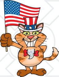 Clipart Illustration of a Patriotic Uncle Sam Orange Cat Waving An American Flag On Independence Day