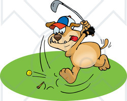 Clipart Illustration of a Brown Dog Focusing While Golfing On A Course
