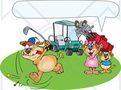 Clipart Illustration of a Boy And Girl Dog Watching Their Father Golf, With A Text Box