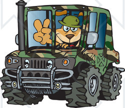 Clipart Illustration of a Sparky Dog Character Soldier Driving A Hummer