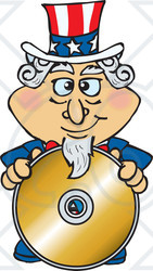 Clipart Illustration of an American Uncle Sam Standing Behind A Blank Gold CD Or DVD