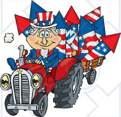 Clipart Illustration of an American Uncle Sam Driving A Tractor And Hauling Fireworks In A Trailer