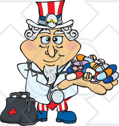Clipart Illustration of an American Uncle Sam Pharmacist Holding A Handful Of Pills