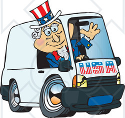 Clipart Illustration of an American Uncle Sam Waving And Driving A Delivery Van
