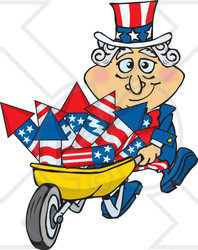 Clipart Illustration of an American Uncle Sam Pushing A Wheelbarrow Full Of Rockets