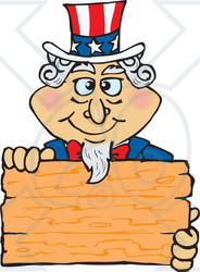 Clipart Illustration of an American Uncle Sam Holding A Blank Wooden Sign