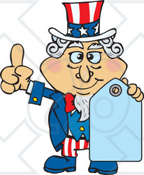 Clipart Illustration of an American Uncle Sam Holding A Blank Blue Price Tag