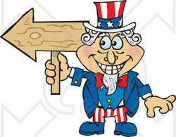 Clipart Illustration of an American Uncle Sam Holding A Blank Wood Arrow Sign