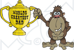 Royalty-free (RF) Clipart Illustration of a Brown Ape Character Holding A Golden Worlds Greatest Dad Trophy