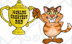 Royalty-free (RF) Clipart Illustration of a Ginger Cat Character Holding A Golden Worlds Greatest Dad Trophy