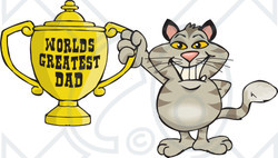 Royalty-free (RF) Clipart Illustration of a Brown Cat Character Holding A Golden Worlds Greatest Dad Trophy