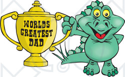 Royalty-free (RF) Clipart Illustration of a Green Stegosaur Dino Character Holding A Golden Worlds Greatest Dad Trophy