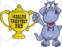 Royalty-free (RF) Clipart Illustration of a Purple Brontosaurus Dino Character Holding A Golden Worlds Greatest Dad Trophy