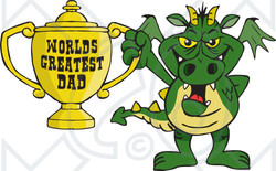 Royalty-free (RF) Clipart Illustration of a Dragon Character Holding A Golden Worlds Greatest Dad Trophy