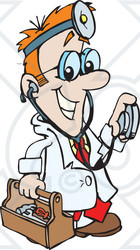 Royalty-free (RF) Clipart Illustration of a Medical Doctor Carrying A Tool Box And Using A Stethoscope
