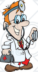 Royalty-free (RF) Clipart Illustration of a Medical Doctor Carrying A First Aid Bag And Using A Stethoscope