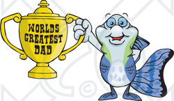 Royalty-free (RF) Clipart Illustration of a Guppy Fish Character Holding A Golden Worlds Greatest Dad Trophy