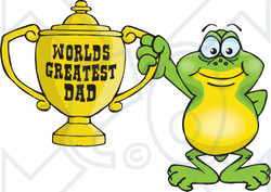 Royalty-free (RF) Clipart Illustration of a Frog Character Holding A Golden Worlds Greatest Dad Trophy