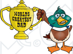 Royalty-free (RF) Clipart Illustration of a Male Mallard Duck Character Holding A Golden Worlds Greatest Dad Trophy