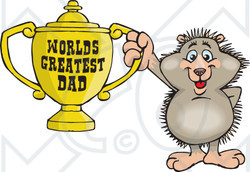 Royalty-free (RF) Clipart Illustration of a Hedgehog Character Holding A Golden Worlds Greatest Dad Trophy