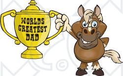 Royalty-free (RF) Clipart Illustration of a Horse Character Holding A Golden Worlds Greatest Dad Trophy