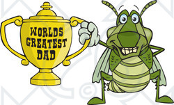 Royalty-free (RF) Clipart Illustration of a Grasshopper Character Holding A Golden Worlds Greatest Dad Trophy