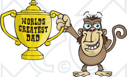 Royalty-free (RF) Clipart Illustration of a Monkey Character Holding A Golden Worlds Greatest Dad Trophy