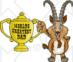 Royalty-free (RF) Clipart Illustration of an Ibex Goat Character Holding A Golden Worlds Greatest Dad Trophy