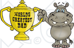 Royalty-free (RF) Clipart Illustration of a Hippo Character Holding A Golden Worlds Greatest Dad Trophy