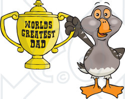 Royalty-free (RF) Clipart Illustration of a Goose Bird Character Holding A Golden Worlds Greatest Dad Trophy