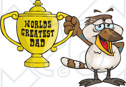 Royalty-free (RF) Clipart Illustration of a Kookaburra Bird Character Holding A Golden Worlds Greatest Dad Trophy