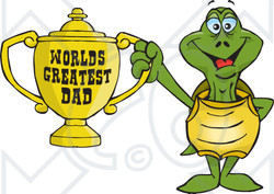 Royalty-free (RF) Clipart Illustration of a Turtle Character Holding A Golden Worlds Greatest Dad Trophy