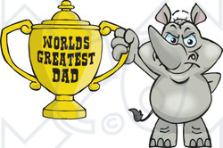 Royalty-free (RF) Clipart Illustration of a Rhino Character Holding A Golden Worlds Greatest Dad Trophy