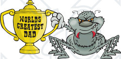 Royalty-free (RF) Clipart Illustration of a Gray Spider Character Holding A Golden Worlds Greatest Dad Trophy