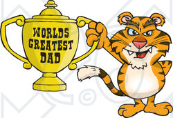 Royalty-free (RF) Clipart Illustration of a Tiger Wildcat Character Holding A Golden Worlds Greatest Dad Trophy