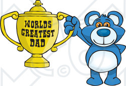 Royalty-free (RF) Clipart Illustration of a Blue Teddy Bear Character Holding A Golden Worlds Greatest Dad Trophy