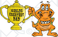 Royalty-free (RF) Clipart Illustration of a T Rex Dino Character Holding A Golden Worlds Greatest Dad Trophy
