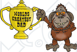 Royalty-free (RF) Clipart Illustration of an Orangutan Character Holding A Golden Worlds Greatest Dad Trophy