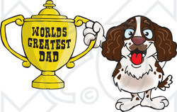 Royalty-free (RF) Clipart Illustration of an English Springer Spaniel Dog Character Holding A Golden Worlds Greatest Dad Trophy