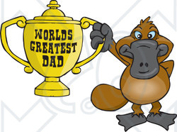 Royalty-free (RF) Clipart Illustration of a Platypus Character Holding A Golden Worlds Greatest Dad Trophy