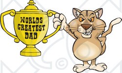 Royalty-free (RF) Clipart Illustration of a Puma Wildcat Character Holding A Golden Worlds Greatest Dad Trophy