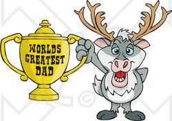 Royalty-free (RF) Clipart Illustration of a Reindeer Character Holding A Golden Worlds Greatest Dad Trophy