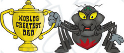 Royalty-free (RF) Clipart Illustration of a Black Widow Spider Character Holding A Golden Worlds Greatest Dad Trophy