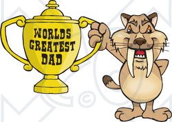 Royalty-free (RF) Clipart Illustration of a Sabre Tooth Tiger Character Holding A Golden Worlds Greatest Dad Trophy